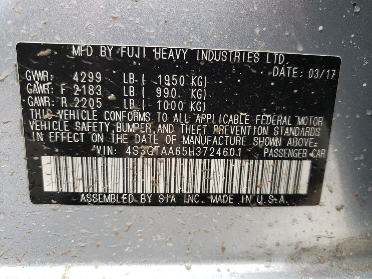 Photo 10 from auction – 2017 SUBARU IMPREZA with VIN 4S3GTAA65H3724601