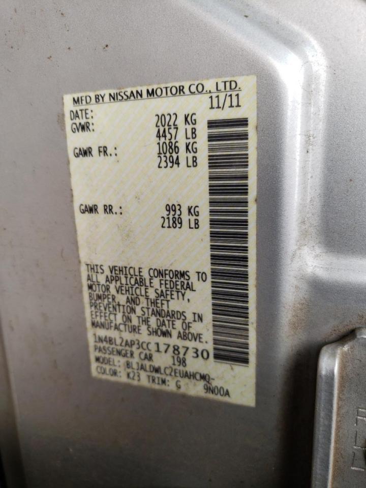 Photo 10 from auction – 2012 NISSAN ALTIMA SR with VIN 1N4BL2AP3CC178730