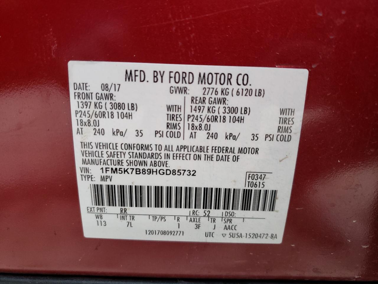 Photo 10 from auction – 2017 FORD EXPLORER with VIN 1FM5K7B89HGD85732