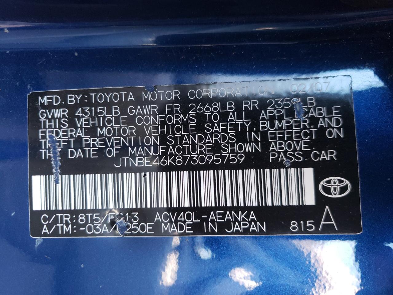 Photo 10 from auction – 2007 TOYOTA CAMRY CE with VIN JTNBE46K873095759