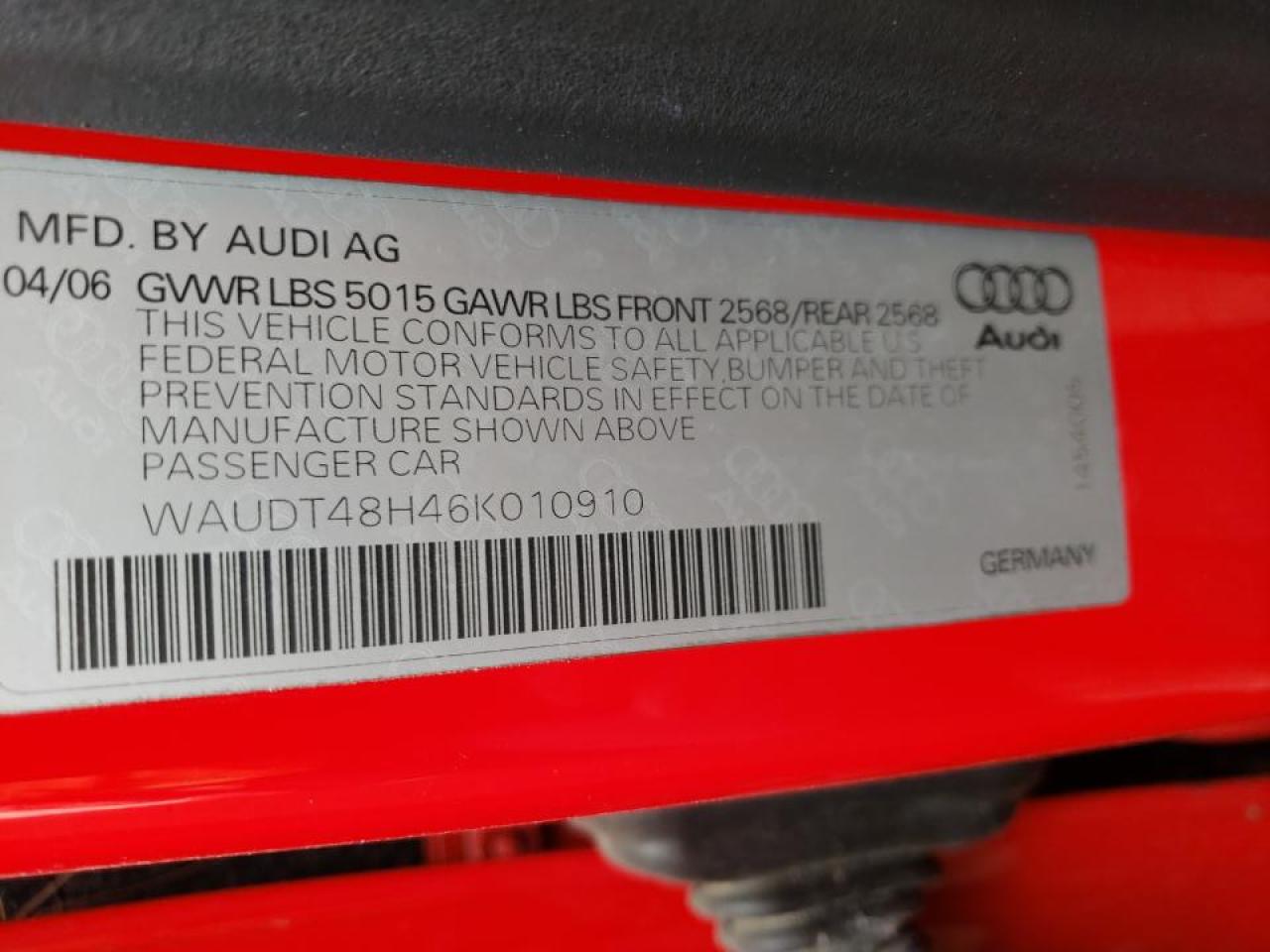 Photo 10 from auction – 2006 AUDI A4 QUATTRO with VIN WAUDT48H46K010910