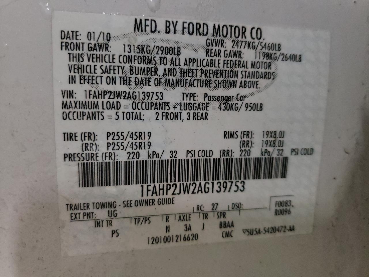 Photo 10 from auction – 2010 FORD TAURUS LIM with VIN 1FAHP2JW2AG139753