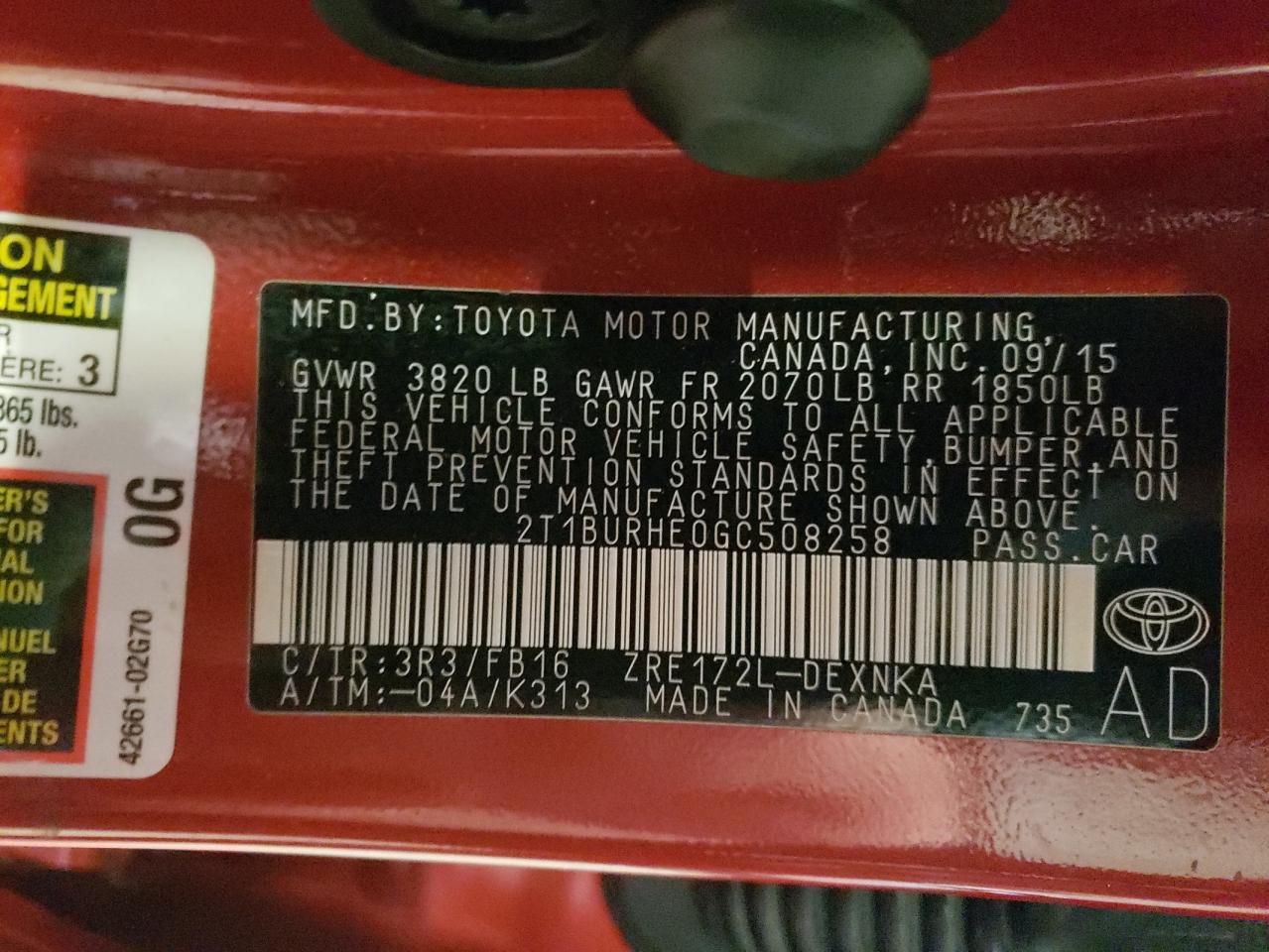 Photo 10 from auction – 2016 TOYOTA COROLLA L with VIN 2T1BURHE0GC508258