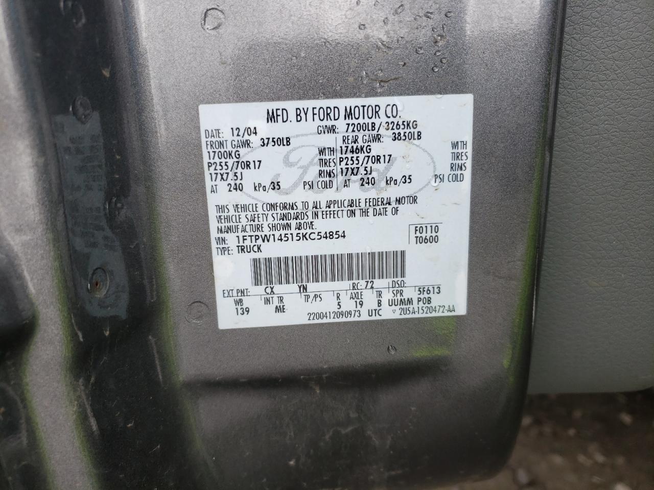 Photo 10 from auction – 2005 FORD F150 SUPER with VIN 1FTPW14515KC54854