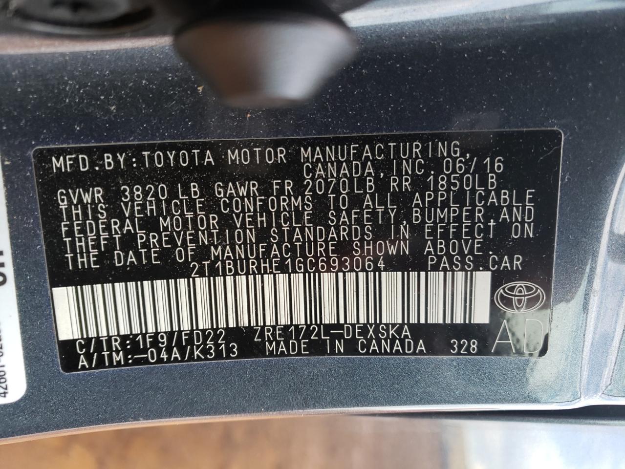 Photo 10 from auction – 2016 TOYOTA COROLLA L with VIN 2T1BURHE1GC693064