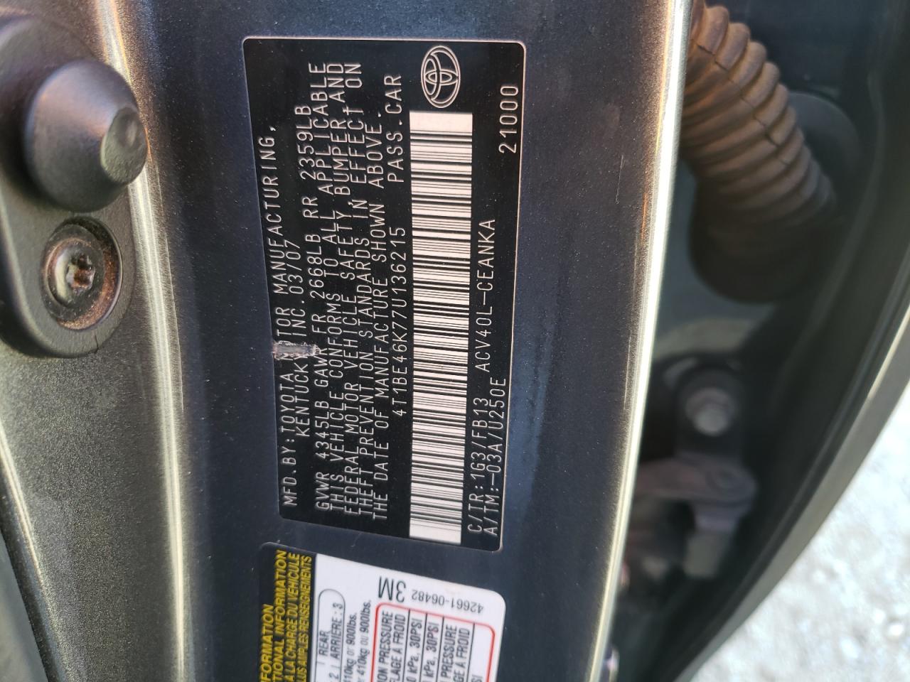 Photo 10 from auction – 2007 TOYOTA CAMRY CE with VIN 4T1BE46K77U136215