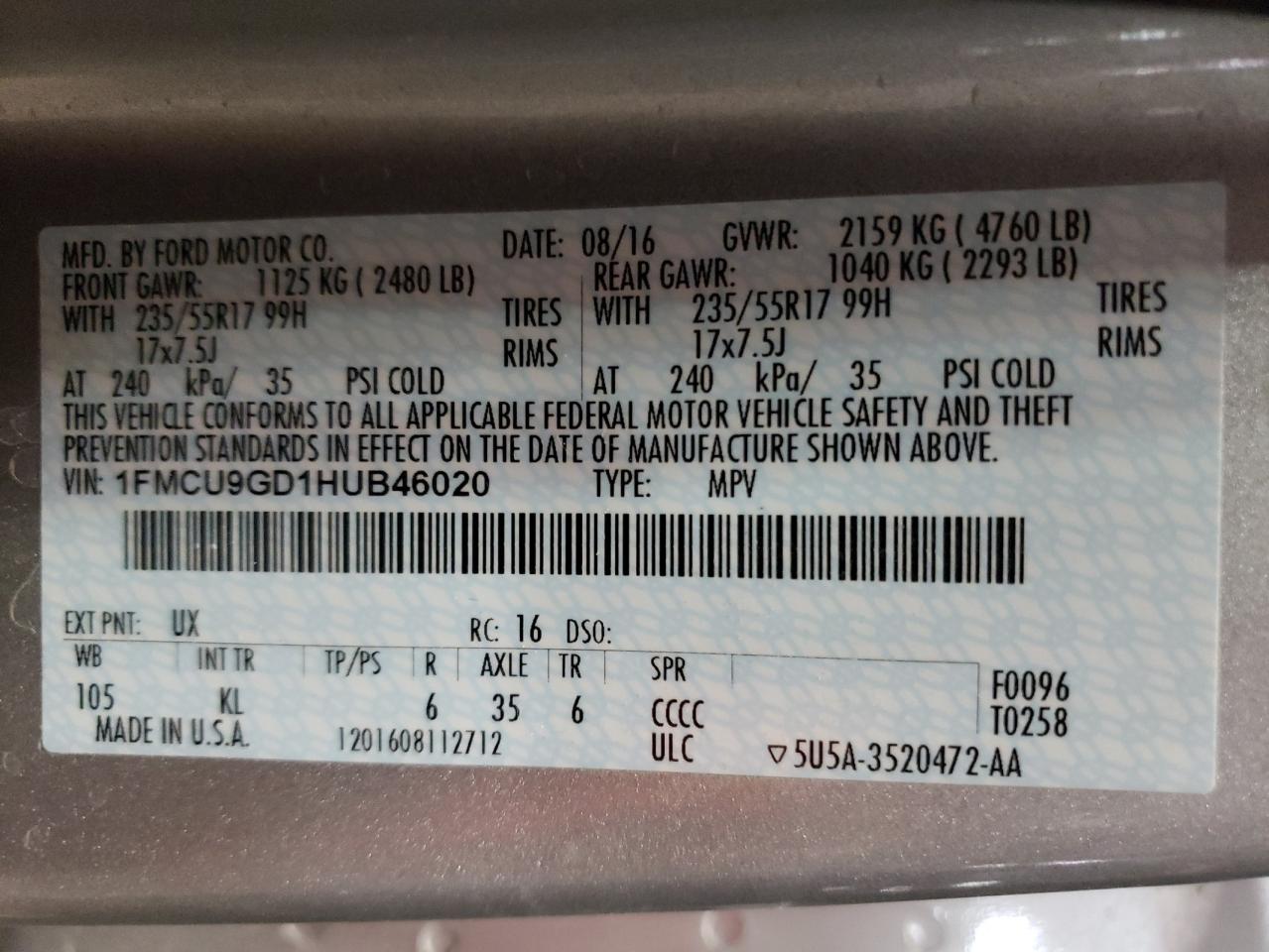 Photo 10 from auction – 2017 FORD ESCAPE SE with VIN 1FMCU9GD1HUB46020