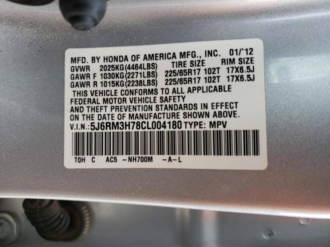 Photo 10 from auction – 2012 HONDA CR-V EXL with VIN 5J6RM3H78CL004180