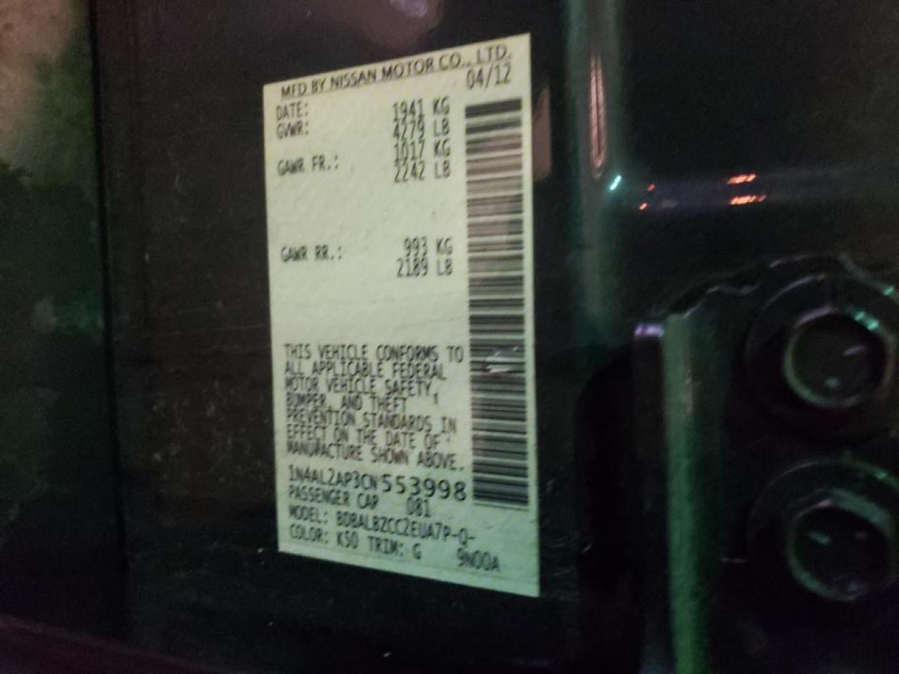 Photo 10 from auction – 2012 NISSAN ALTIMA BAS with VIN 1N4AL2AP3CN553998
