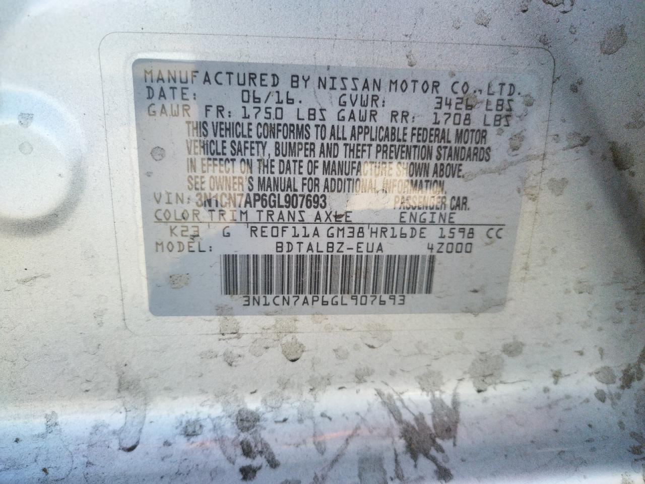 Photo 10 from auction – 2016 NISSAN VERSA S with VIN 3N1CN7AP6GL907693