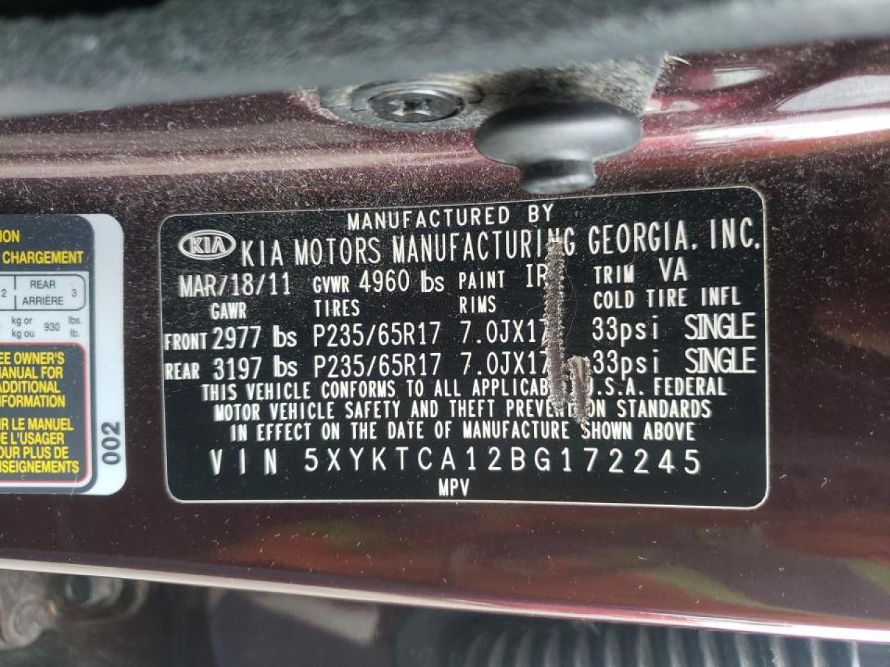 Photo 10 from auction – 2011 KIA SORENTO BA with VIN 5XYKTCA12BG172245