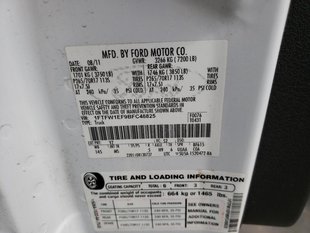 Photo 10 from auction – 2011 FORD F150 SUPER with VIN 1FTFW1EF9BFC48825