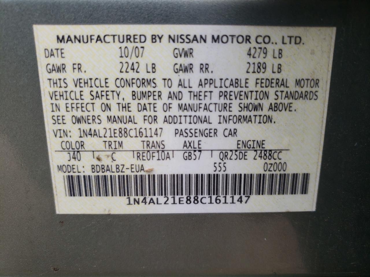 Photo 10 from auction – 2008 NISSAN ALTIMA 2.5 with VIN 1N4AL21E88C161147