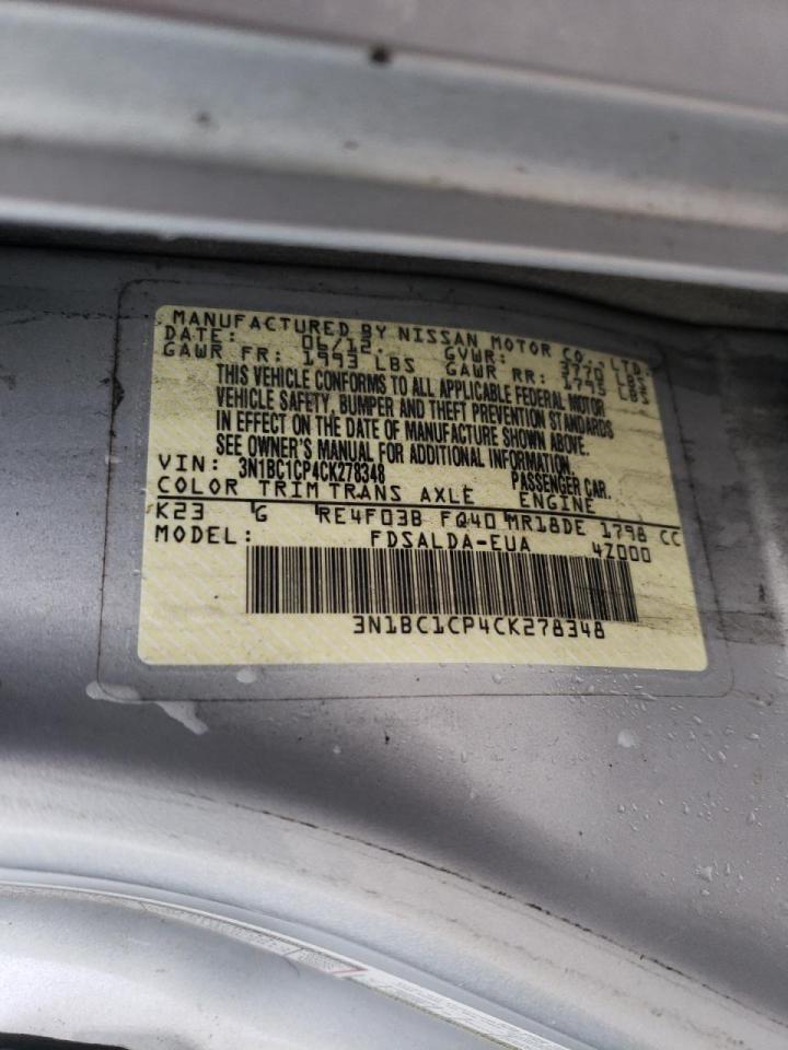 Photo 10 from auction – 2012 NISSAN VERSA S with VIN 3N1BC1CP4CK278348