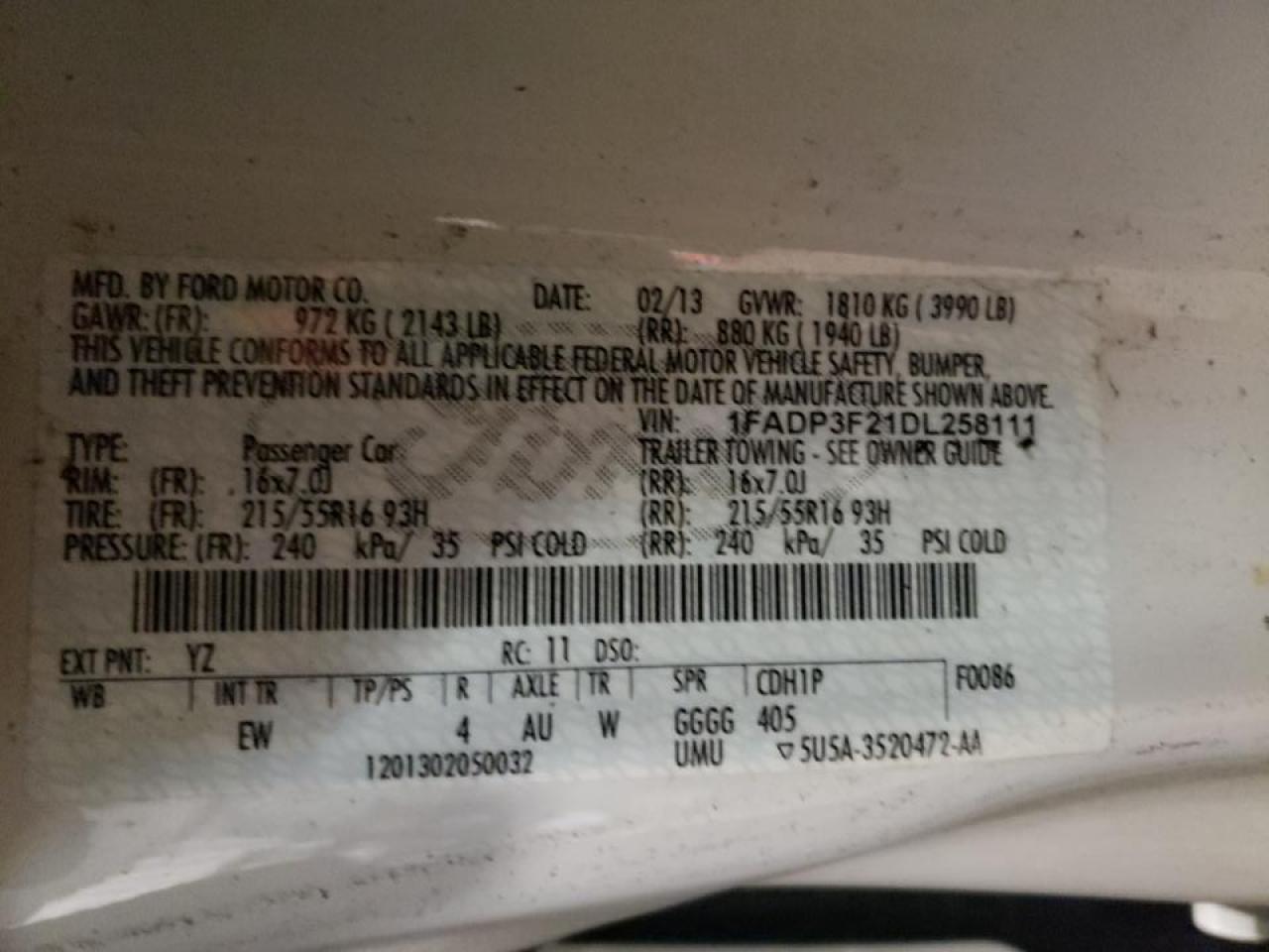 Foto 10 de la subasta – 2013 FORD FOCUS SE con VIN 1FADP3F21DL258111