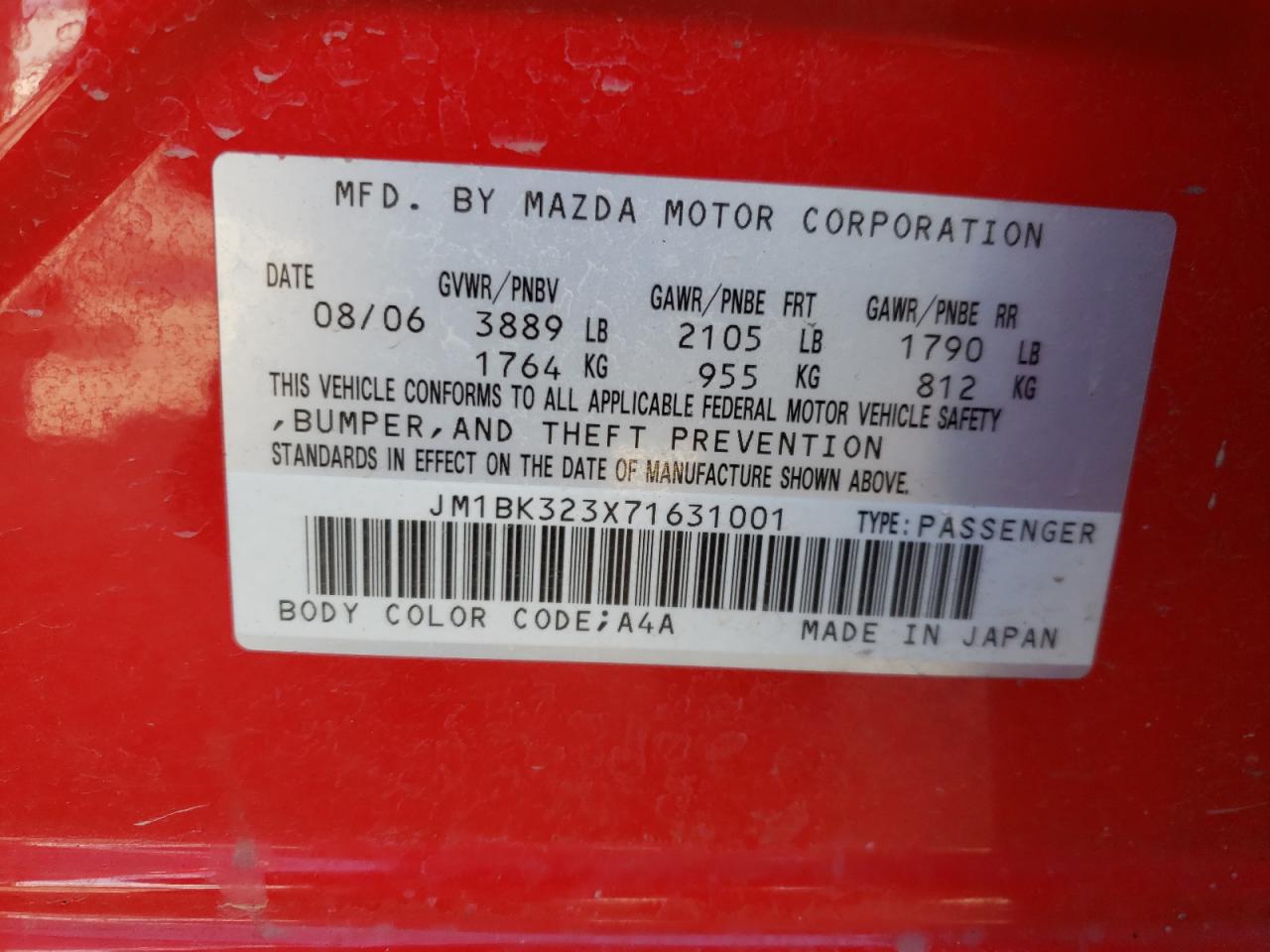 Photo 10 from auction – 2007 MAZDA 3 S with VIN JM1BK323X71631001