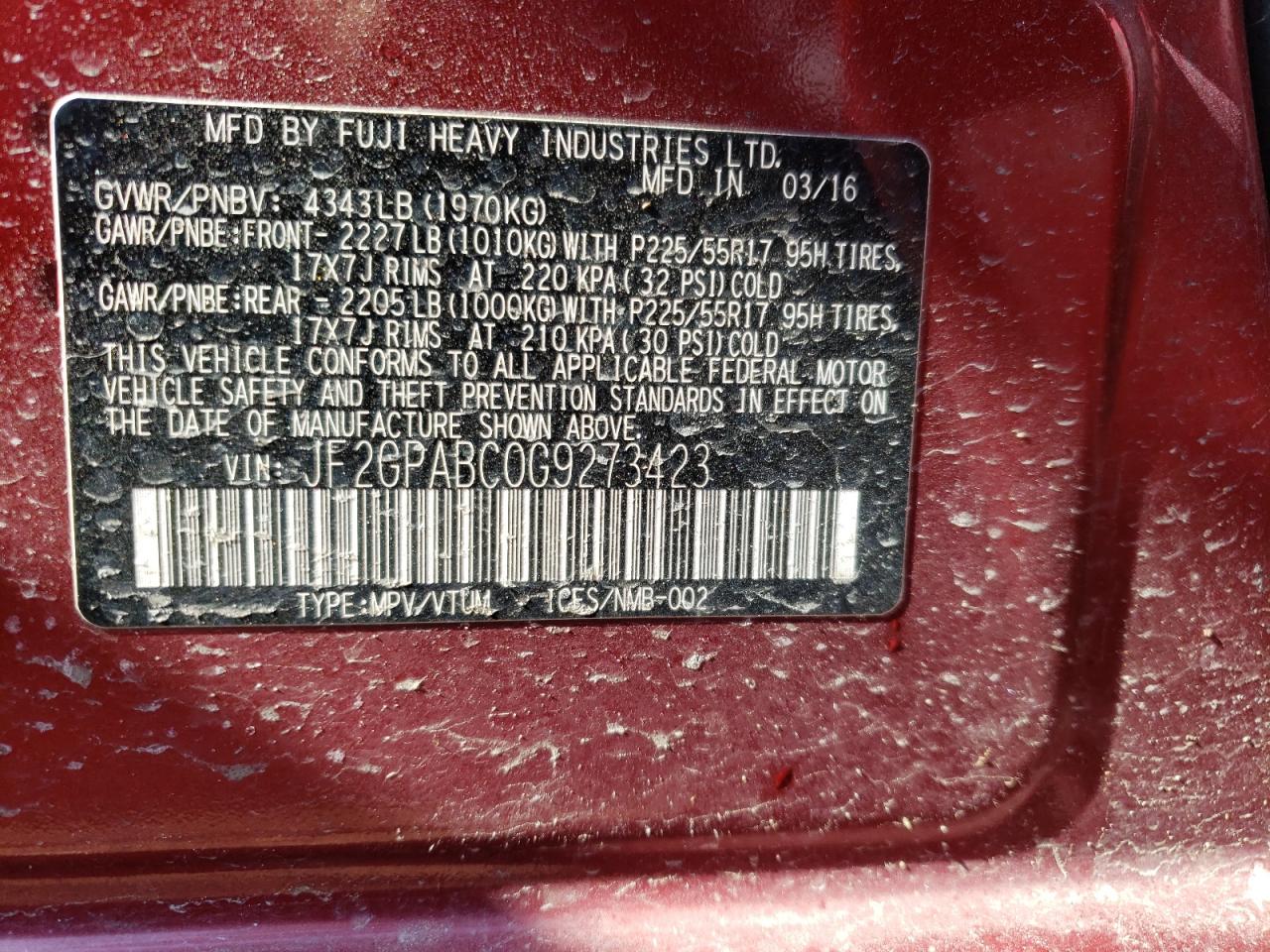 Photo 10 from auction – 2016 SUBARU CROSSTREK with VIN JF2GPABC0G9273423