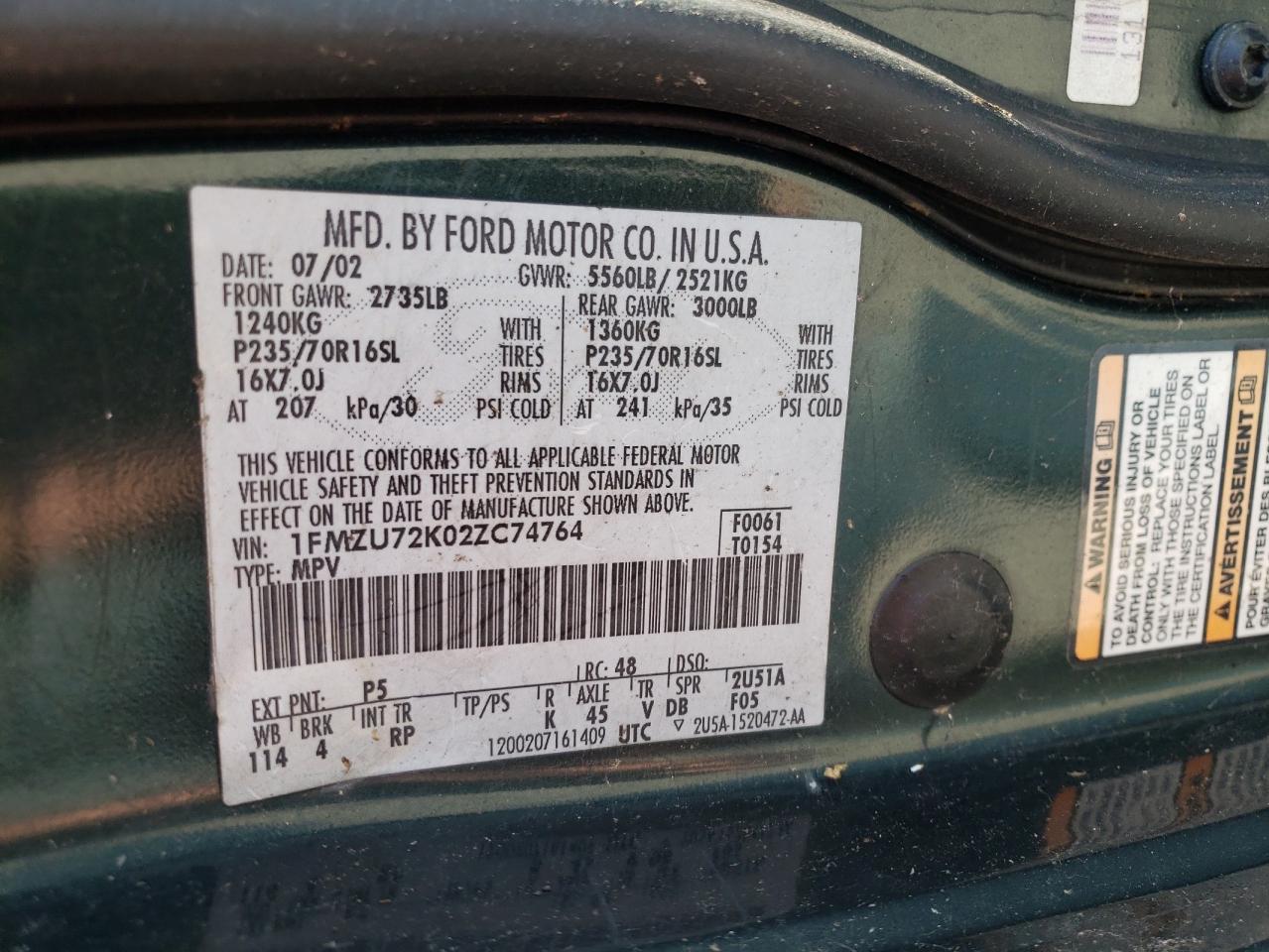 Photo 10 from auction – 2002 FORD EXPLORER X with VIN 1FMZU72K02ZC74764