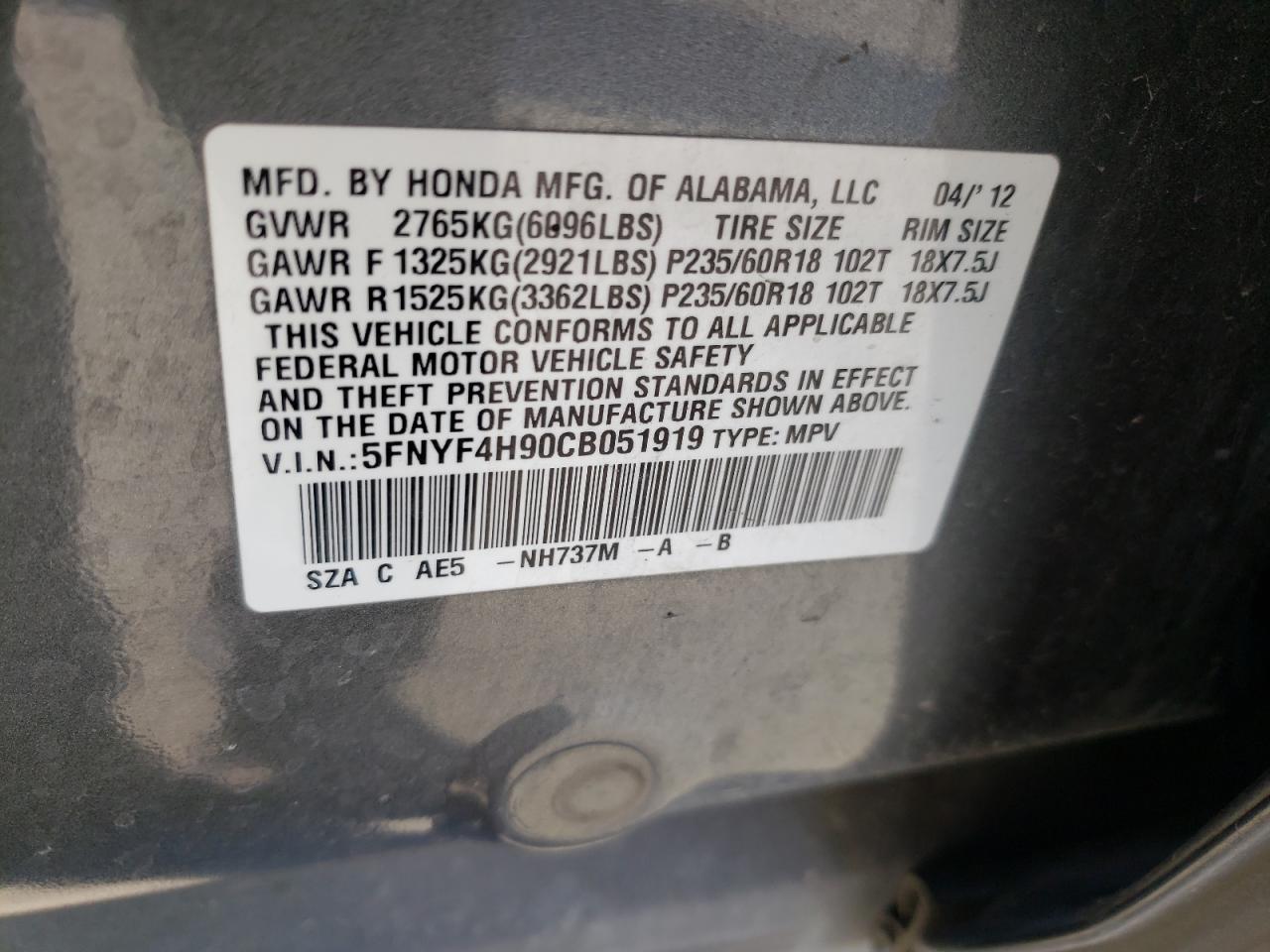 Photo 10 from auction – 2012 HONDA PILOT TOUR with VIN 5FNYF4H90CB051919