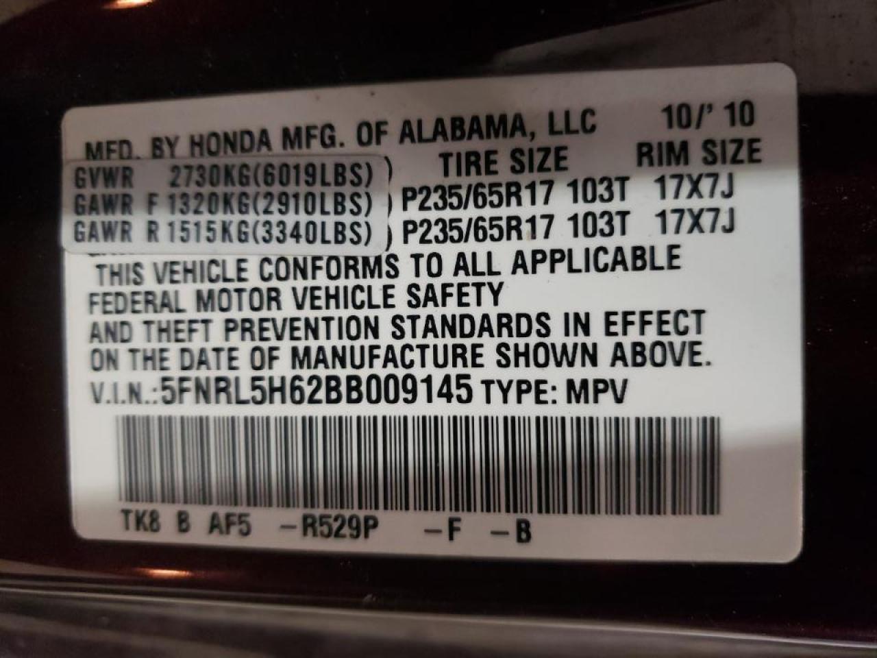 Photo 10 from auction – 2011 HONDA ODYSSEY EX with VIN 5FNRL5H62BB009145