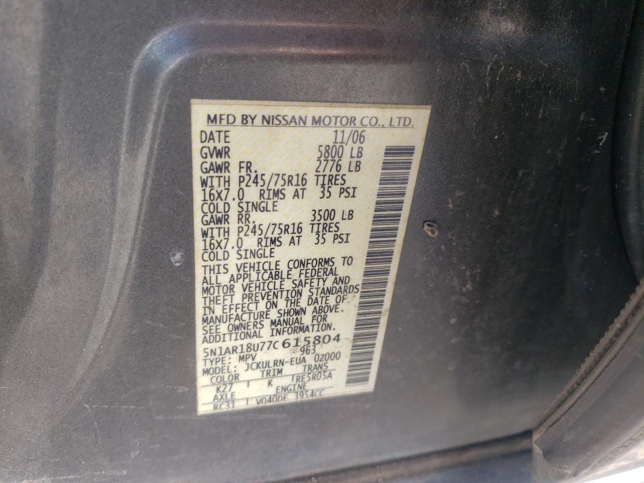 Photo 10 from auction – 2007 NISSAN PATHFINDER with VIN 5N1AR18U77C615804