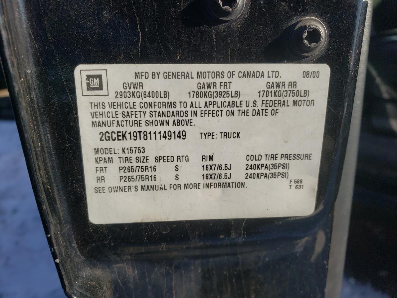 Photo 10 from auction – 2001 CHEVROLET SILVERADO with VIN 2GCEK19T811149149