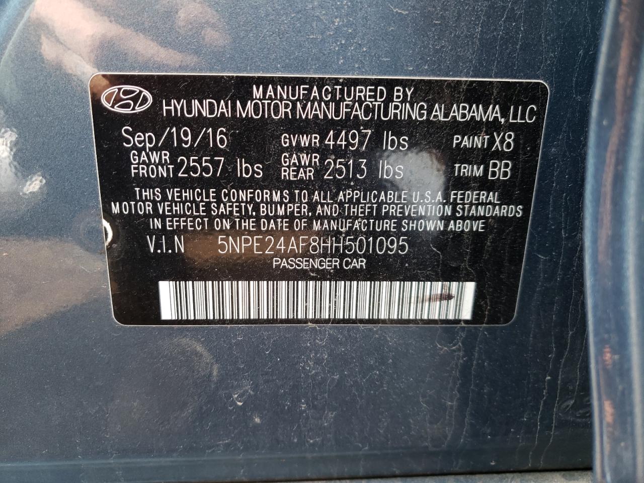 Photo 10 from auction – 2017 HYUNDAI SONATA SE with VIN 5NPE24AF8HH501095