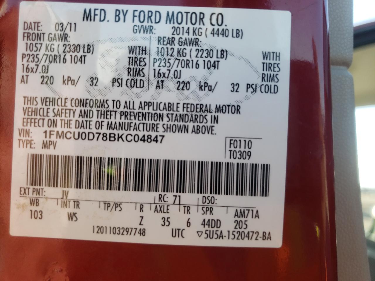 Photo 10 from auction – 2011 FORD ESCAPE XLT with VIN 1FMCU0D78BKC04847