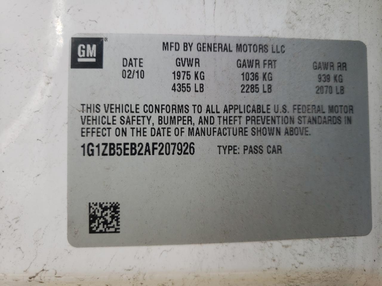 Photo 10 from auction – 2010 CHEVROLET MALIBU LS with VIN 1G1ZB5EB2AF207926