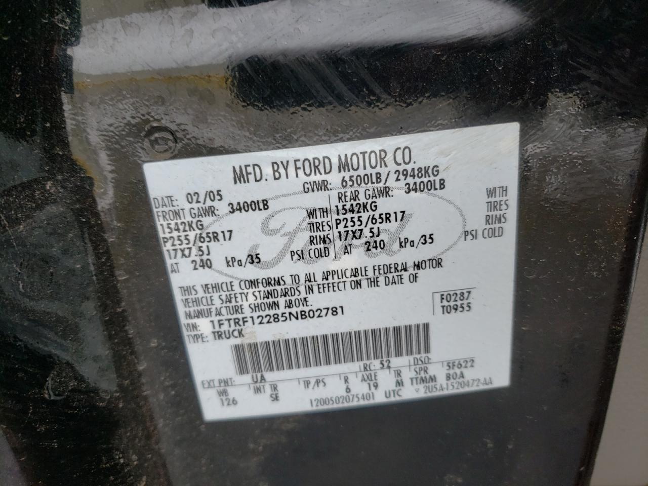 Photo 10 from auction – 2005 FORD F150 with VIN 1FTRF12285NB02781