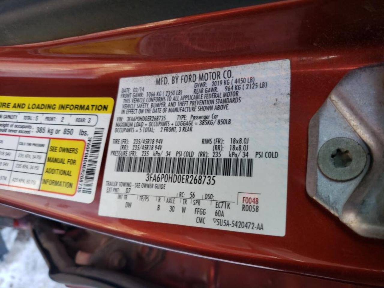 Photo 10 from auction – 2014 FORD FUSION SE with VIN 3FA6P0HD0ER268735
