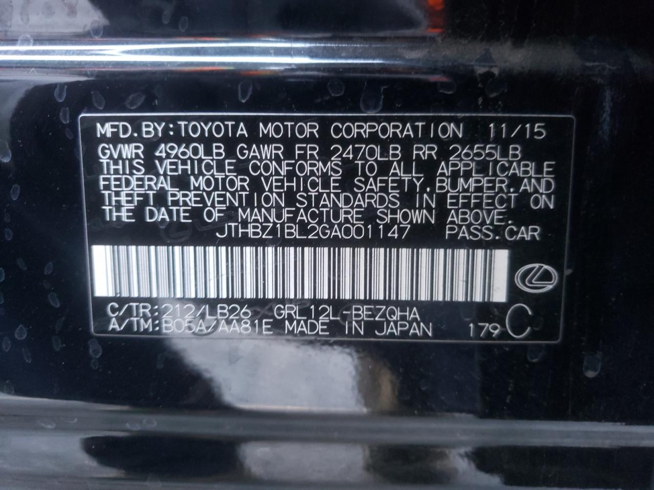 Photo 10 from auction – 2016 LEXUS GS 350 BAS with VIN JTHBZ1BL2GA001147