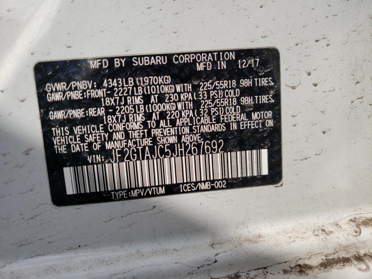 Photo 10 from auction – 2018 SUBARU CROSSTREK with VIN JF2GTAJC5JH267692
