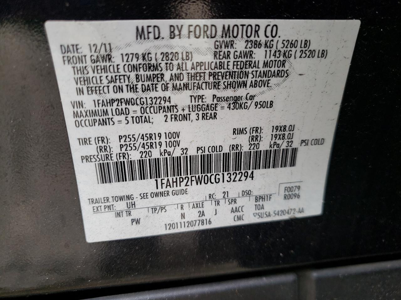 Photo 10 from auction – 2012 FORD TAURUS LIM with VIN 1FAHP2FW0CG132294