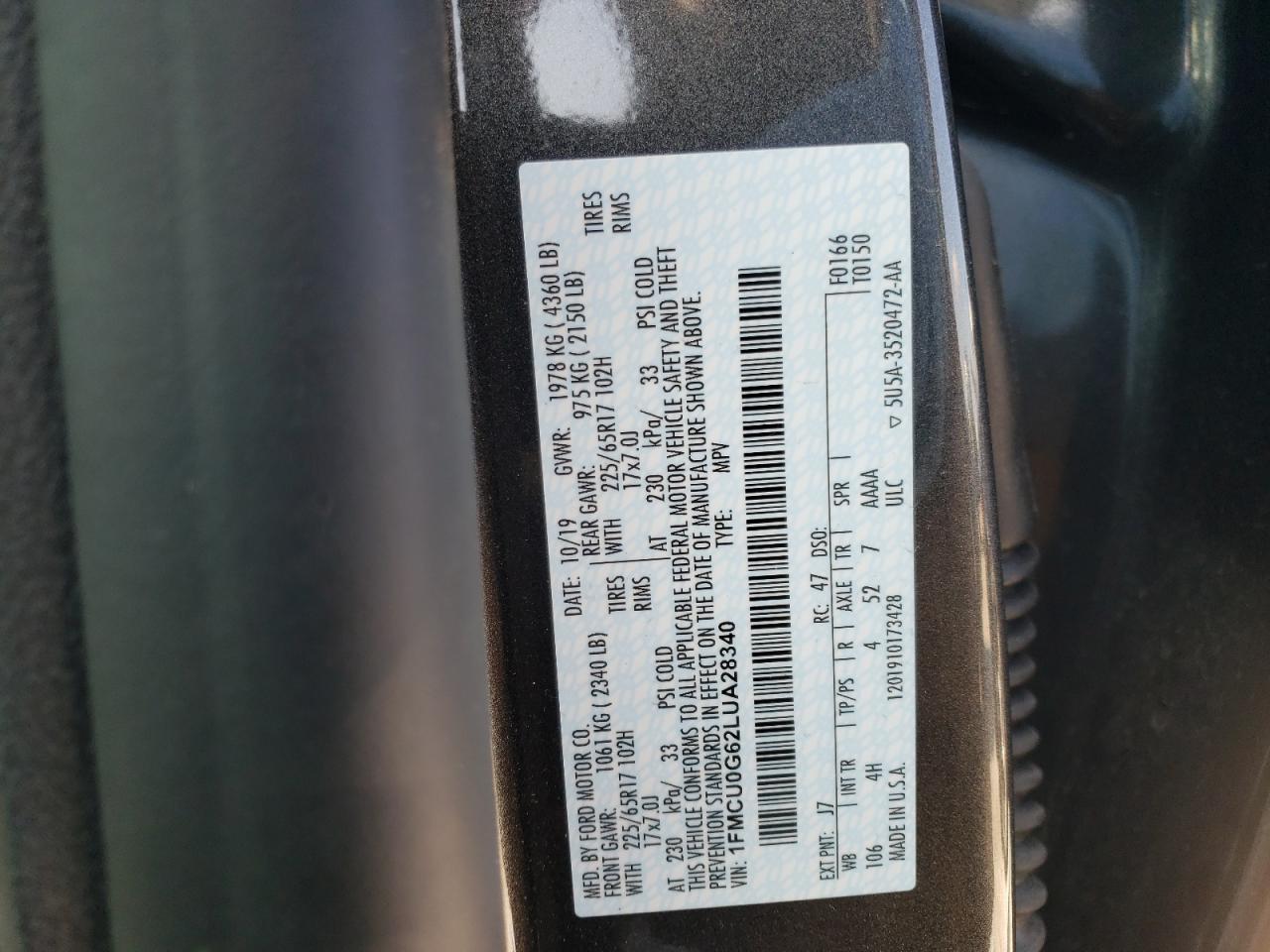 Photo 10 from auction – 2020 FORD ESCAPE with VIN 1FMCU0G62LUA28340