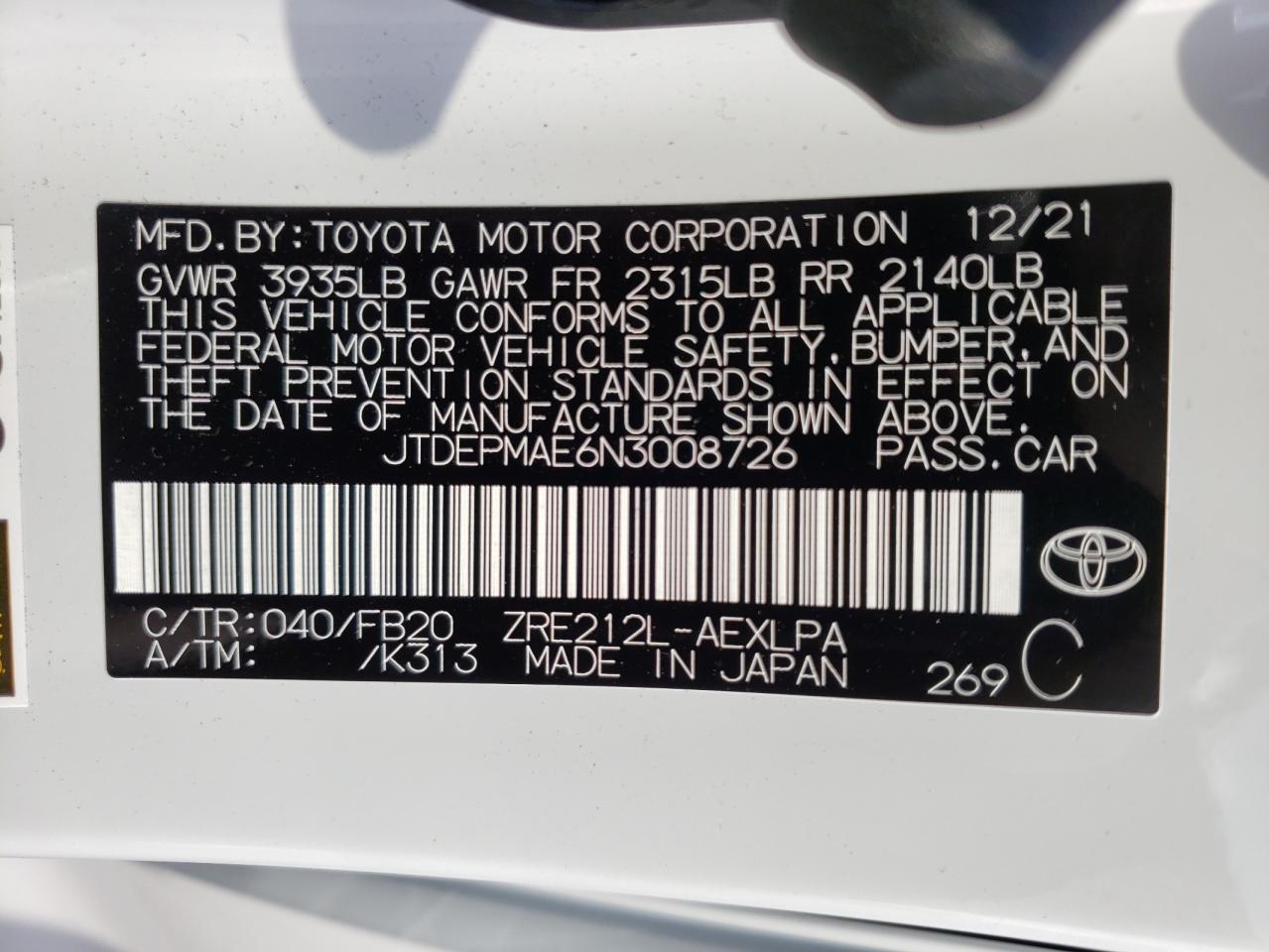 Photo 10 from auction – 2022 TOYOTA COROLLA LE with VIN JTDEPMAE6N3008726