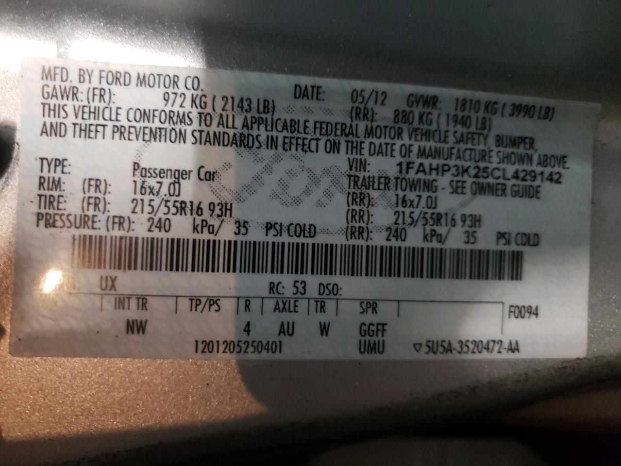 Photo 10 from auction – 2012 FORD FOCUS SE with VIN 1FAHP3K25CL429142