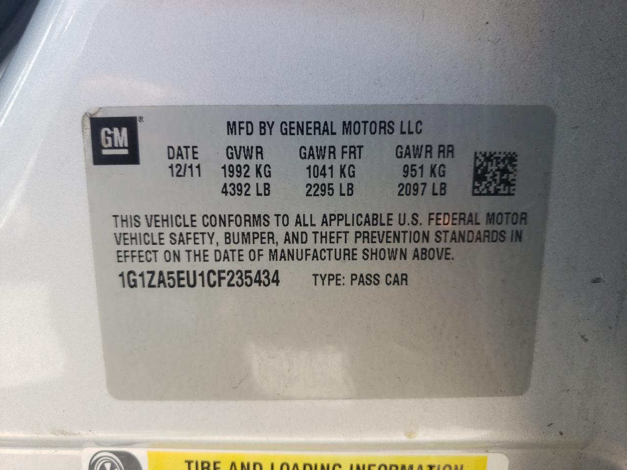 Photo 11 from auction – 2012 CHEVROLET MALIBU LS with VIN 1G1ZA5EU1CF235434