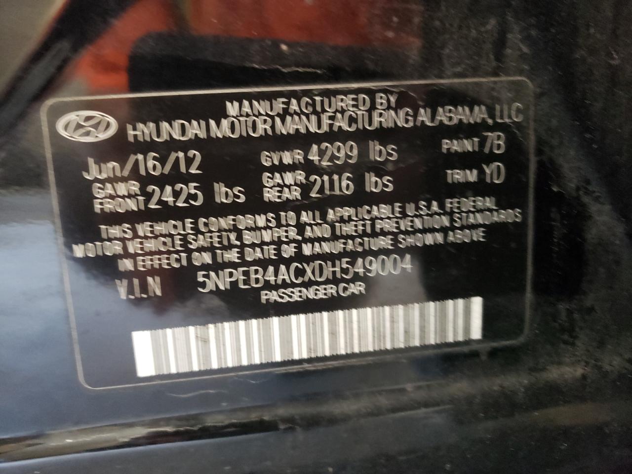 Photo 10 from auction – 2013 HYUNDAI SONATA GLS with VIN 5NPEB4ACXDH549004