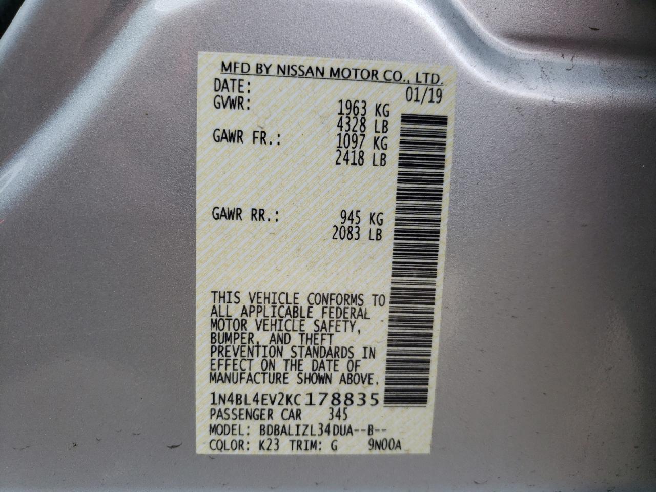 Photo 10 from auction – 2019 NISSAN ALTIMA SL with VIN 1N4BL4EV2KC178835