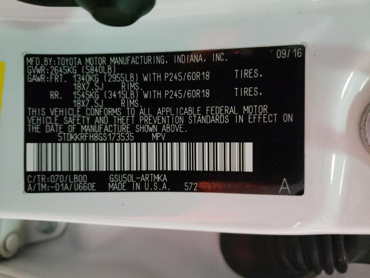 Photo 10 from auction – 2016 TOYOTA HIGHLANDER with VIN 5TDKKRFH8GS173535