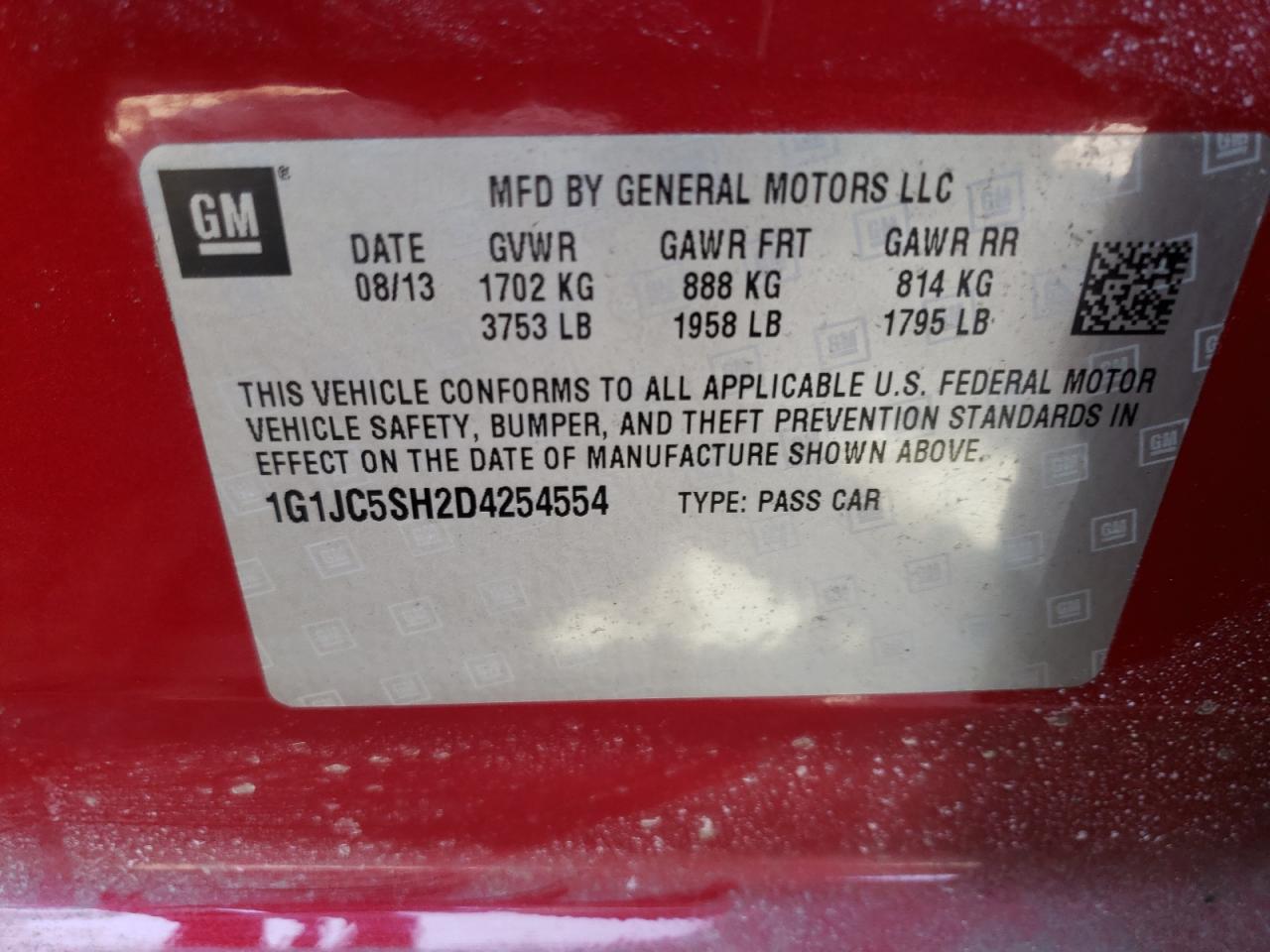 Photo 10 from auction – 2013 CHEVROLET SONIC LT with VIN 1G1JC5SH2D4254554
