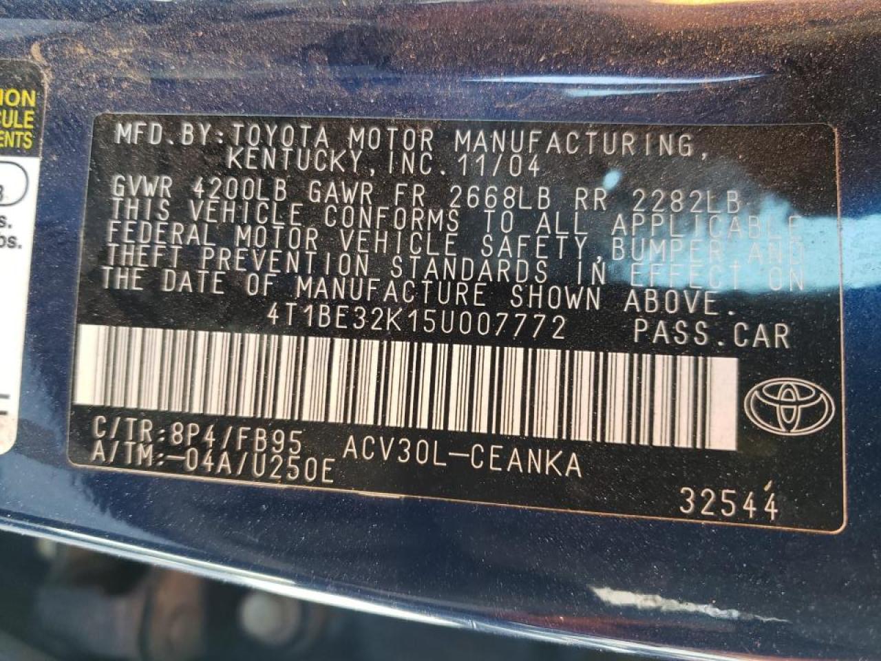 Photo 10 from auction – 2005 TOYOTA CAMRY LE with VIN 4T1BE32K15U007772