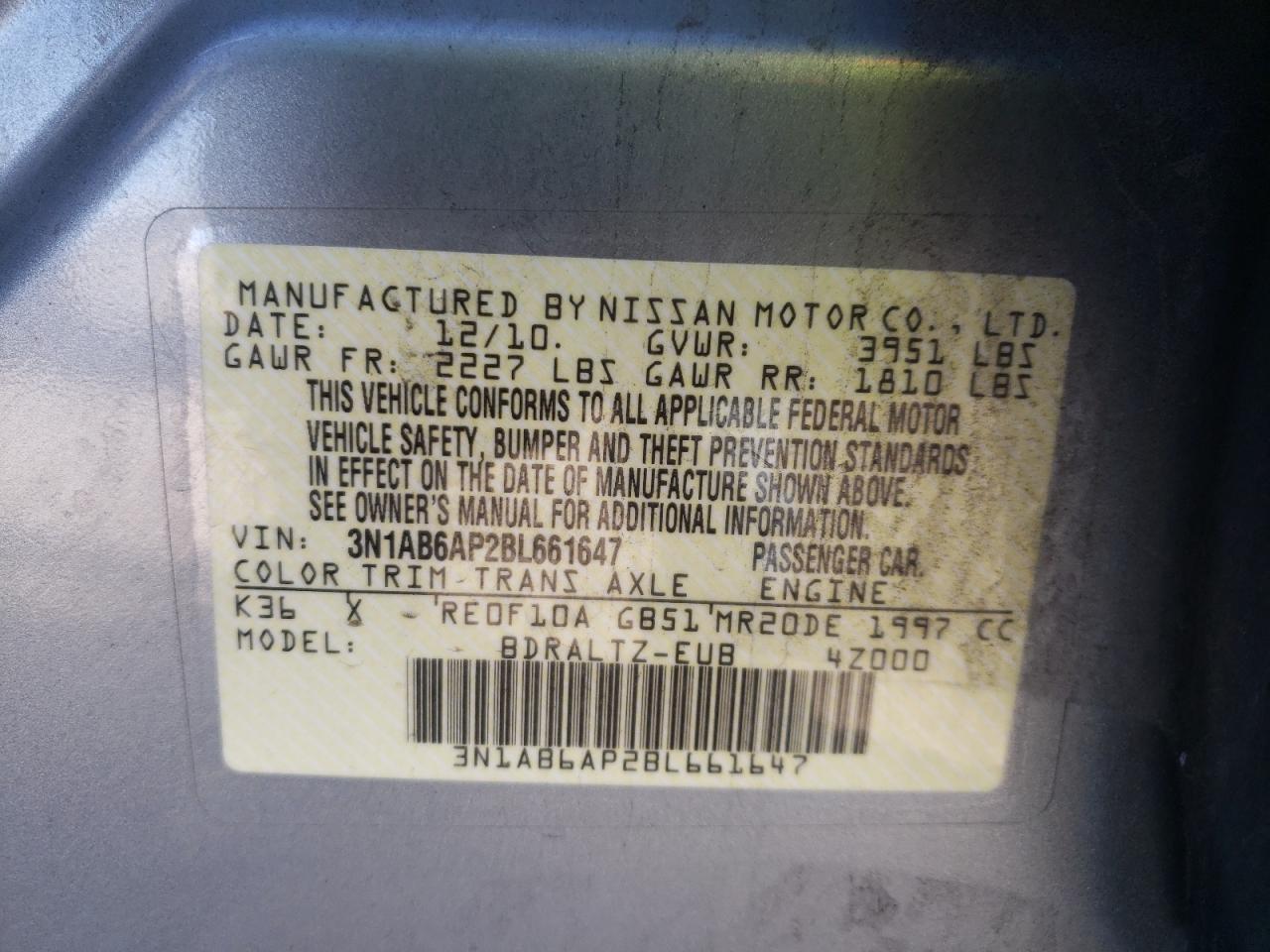 Photo 10 from auction – 2011 NISSAN SENTRA 2.0 with VIN 3N1AB6AP2BL661647