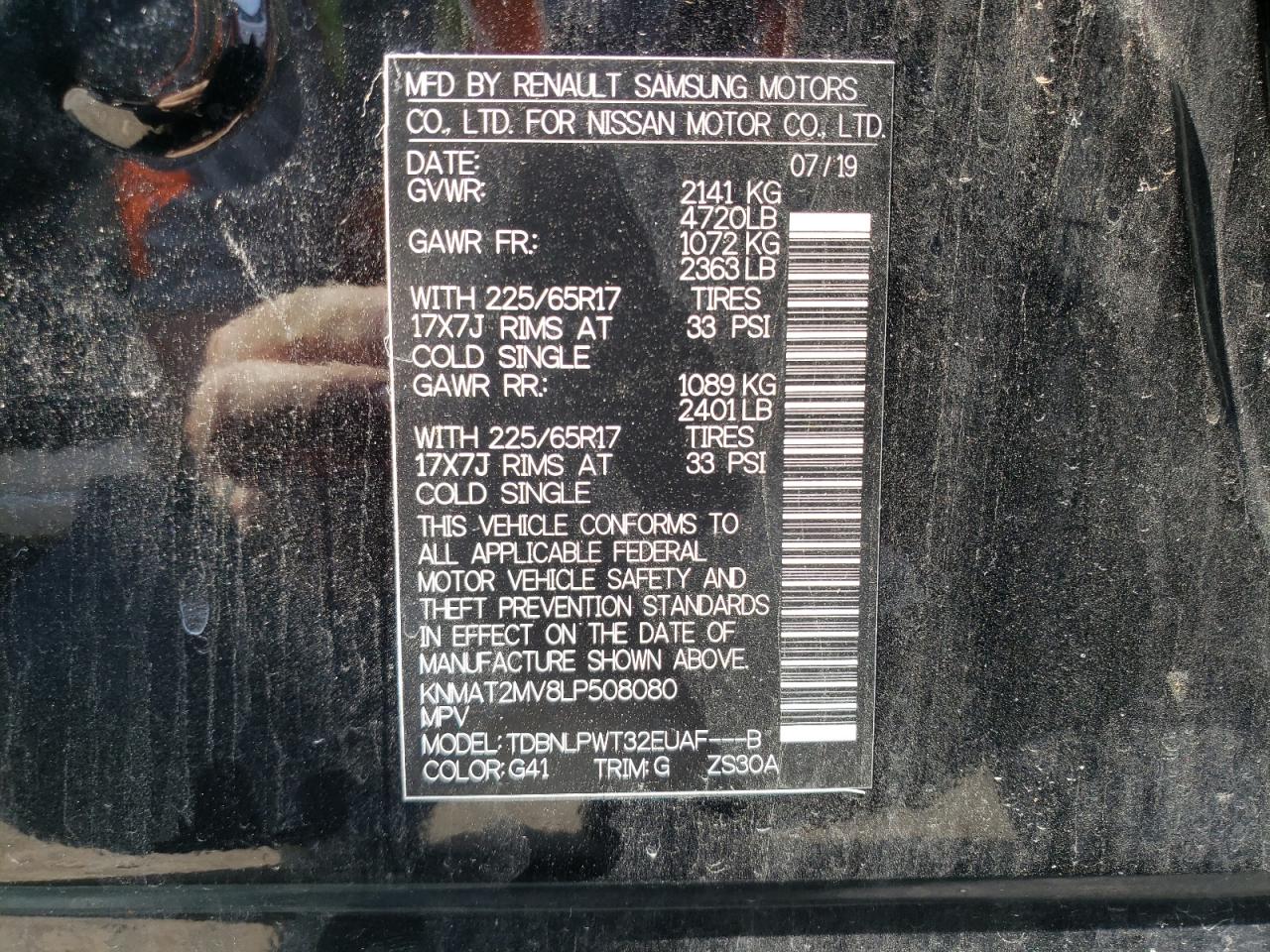 Photo 10 from auction – 2020 NISSAN ROGUE S with VIN KNMAT2MV8LP508080