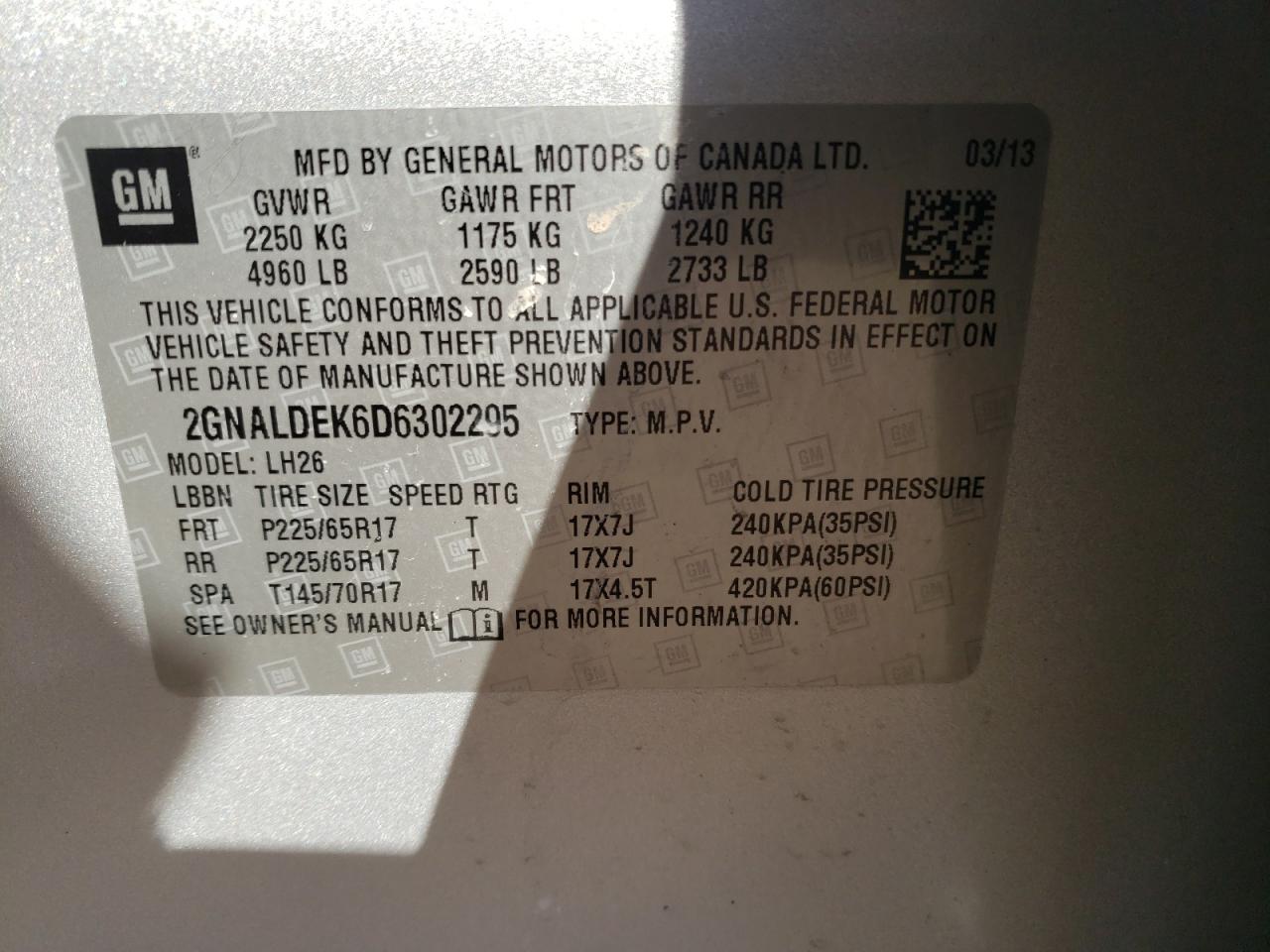 Photo 10 from auction – 2013 CHEVROLET EQUINOX LT with VIN 2GNALDEK6D6302295