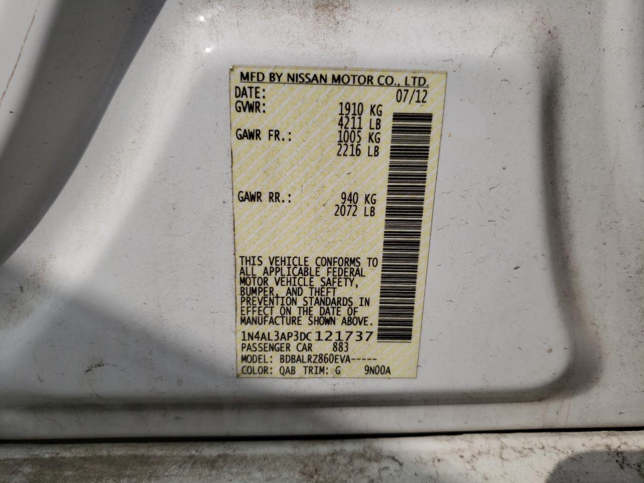 Photo 10 from auction – 2013 NISSAN ALTIMA 2.5 with VIN 1N4AL3AP3DC121737