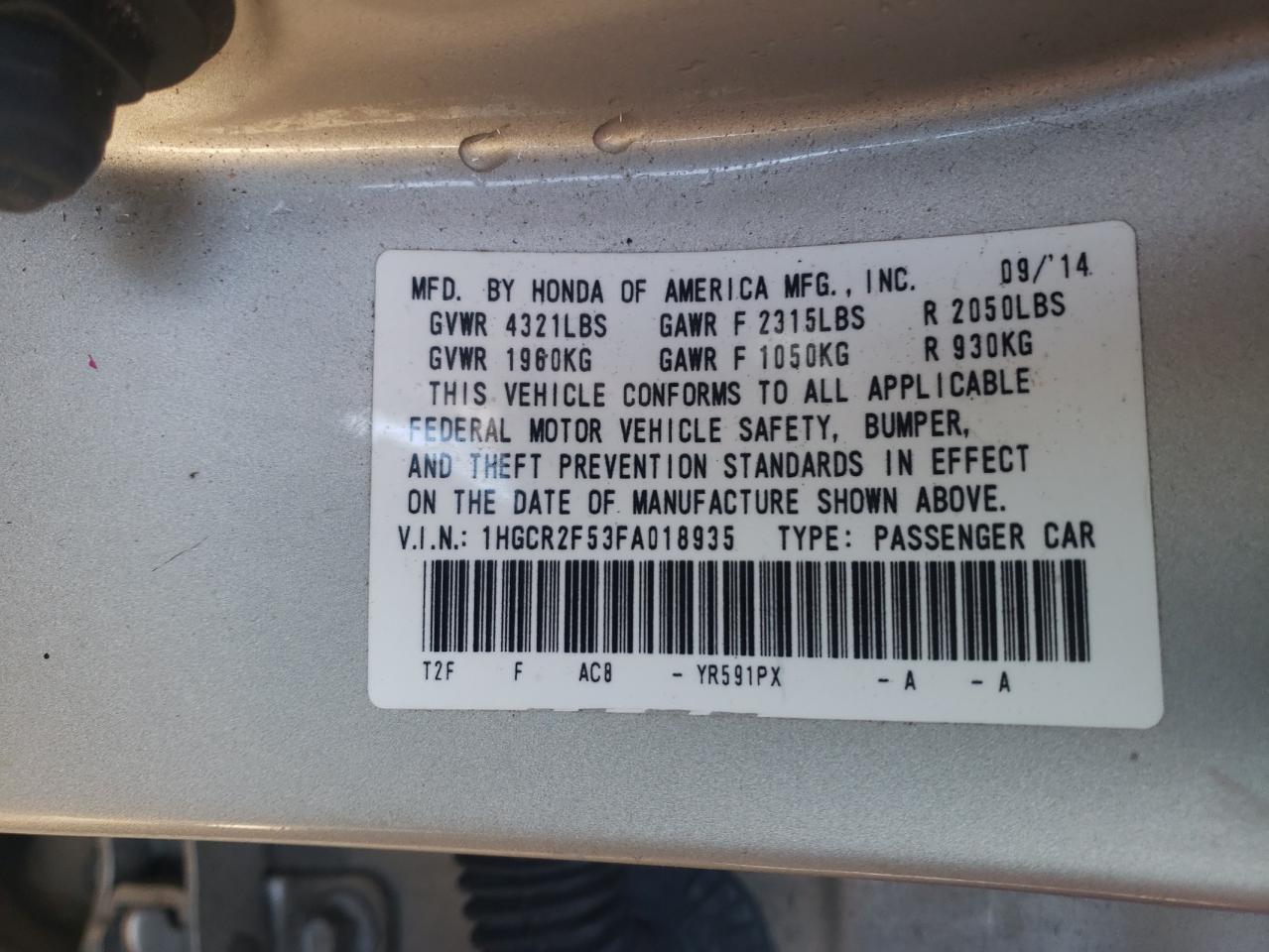 Photo 10 from auction – 2015 HONDA ACCORD SPO with VIN 1HGCR2F53FA018935