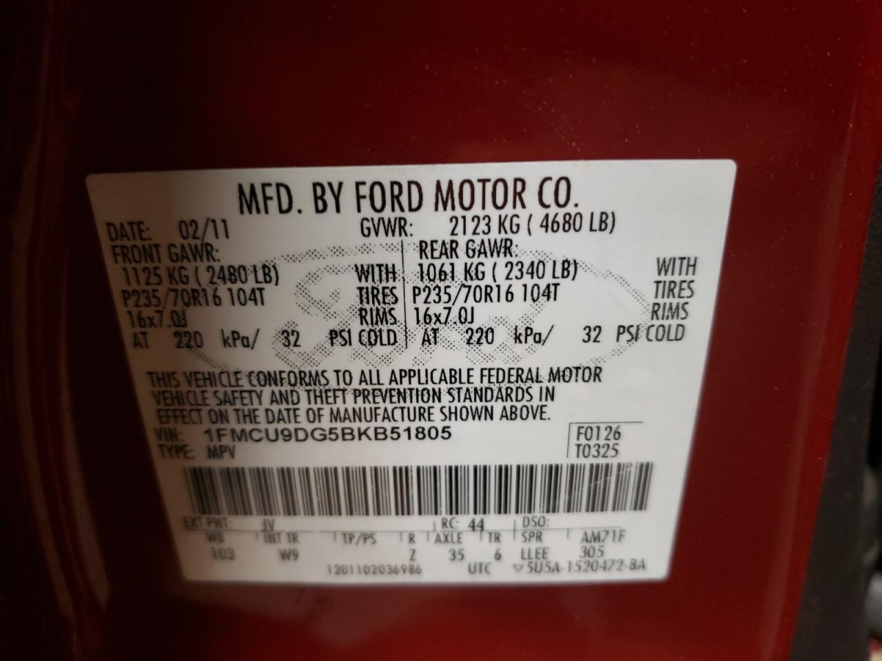Photo 10 from auction – 2011 FORD ESCAPE XLT with VIN 1FMCU9DG5BKB51805