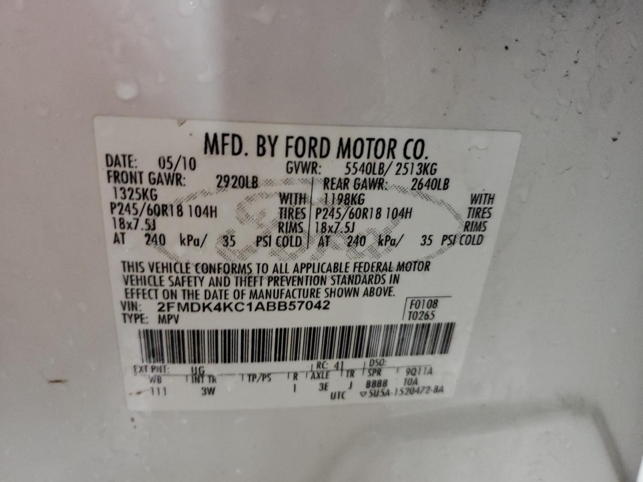 Photo 10 from auction – 2010 FORD EDGE LIMIT with VIN 2FMDK4KC1ABB57042
